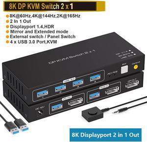 2 Port Displayport KVM Switch 2 in 1 Out, Support 4K @120HZ 8K @60HZ DP 1.4 USB 3.0 KVM Switcher for 2 Computers Share Keyboard Mouse Printer with 4x USB 3.0 Includes Desktop Control and 2 USB Cables