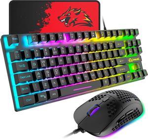 Gaming Keyboard and Mouse Combo,88 Keys Compact Rainbow Backlit Mechanical Feel Keyboard, RGB Backlit 6400 DPI Lightweight Gaming Mouse with Honeycomb Shell for Windows PC Gamers (Black)