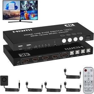 HDMI KVM Switch 4 Ports 4K@30Hz, HDMI Multi-viewer 4x1 Switch for 4 Computers 1 Monitor, 4 in 1 Out HDMI Quad Seamless Switch, HDMI KVM Switcher with Hotkey Switch Button Switch and IR Remote