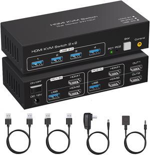 HDMI KVM Switch Monitors 2 Computers, 8K60HZ/4K120Hz KVM Switch Dual Monitors 2 Computers with 4 USB 3.0 Port, HDMI KVM Switch 2 Port Support Button and Remote Switch, 2 PC Sharing 4 USB Devices