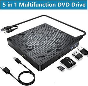 [5-in-1] Multifunction External CD/DVD Drive, USB 3.0 Type-C Portable CD DVD Writer With SD/TF & USB Slots Optical Drive External CD DVD Drive Burner for Windows 7/8/10/XP/Mac OS/Linux