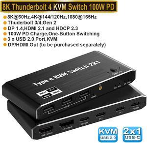USB C KVM Switch 2 Port 8K@60Hz 4K@120Hz- with 3 USB 2.0 Ports & 100W Power Delivery, Type C KVM Switch 2x1 for 2 Computers Share 1 Monitor Keyboard & Mouse, Compatible Laptop, with 2 USB C Cables