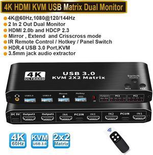 2x2 HDMI KVM Switch Matrix, 4K Dual Monitor HDMI KVM Switch Extended Display USB KVM Switch 2 in 2 Out for 2 Computers 2 Monitors with 3.5mm Audio, Support 4 USB 3.0 Share Keyboard Mouse with Hotkey