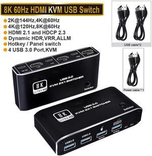 2 Port HDMI KVM Switch 2 in 1 Out, HDMI USB 3.0 KVM Switch Selector for 2 Computers 1 Monitor Share Keyboard Printer Scanner Mouse, Supports 8K 60Hz,YUV 4:4:4, HDCP 2.3, HDR 10, Hotkey, Darkish