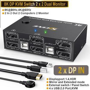 Dual Monitor Displayport KVM Switch DP1.4 8K @30Hz 4K@144Hz, DP Extended Display USB KVM Switch for 2 Computers Share 2 Monitors and 4 USB 2.0 Ports, Wired Remote and 4 USB Cables Included