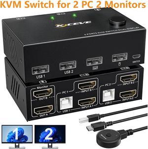 Dual Monitor USB HDMI KVM Switch 2 in 2 Out, 2 Port 4K@60Hz HDMI Extended Display Switcher for 2 Computers Share 2 Monitors and 4 USB 2.0 Hub, Desktop Controller and HDMI USB Cables Included