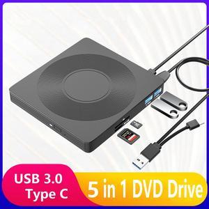 [5-in-1] External CD DVD Drive, USB 3.0 Type-C CD DVD ROM +/-RW Burner Writer Reader with TF/SD Card Slots, Slim Portable Optical Disk DVD Drive CD DVD Player for Windows 7/8/10/11 Linux MacOS (Black)