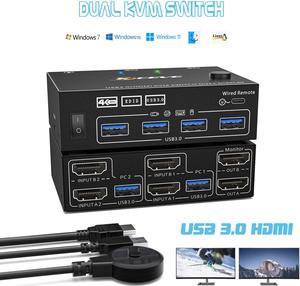 USB 3.0 HDMI KVM Switch for 2 Computers 2 Monitors 4K@60Hz 2K@144Hz, EDID Emulator, Dual Monitor HDMI KVM Switch for 2 PC Share 2 Displays and 4 USB 3.0 Ports, Wired Remote and USB Cables Included