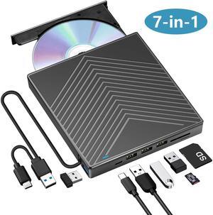 [7-in-1] External CD DVD+/-RW Drive with SD Card Reader and 4 USB 3.0/2.0 Ports, Ultra Slim Portable CD DVD Player Reader Writer Burner Optical Drive for Laptop Mac, PC Windows 11/10/8/7, Linux, MacOS