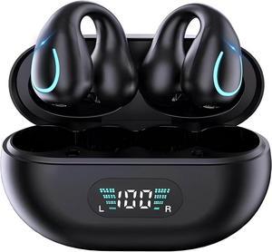 Open Ear Bone Conduction Headphones, Bluetooth Wireless Clip On Earbuds with Digital Display Charging Case 60 Hours Playtime IPX4 Waterproof Sports Headset for Running, Walking, Workout