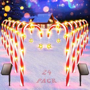 24 Pack Christmas Decorations Outside Solar Candy Cane Lights,  Waterproof Outdoor Christmas Decorations with Star & 144 Bright LED, 8 Modes Xmas Decorations for Outdoor Yard Garden Pathway