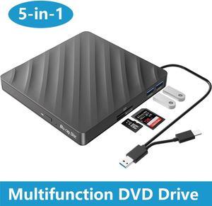 5 in 1 External Blu-ray CD DVD Drive, USB 3.0 Type-C Slim Optical Drive External Bluray DVD Burner with SD/TF Card Reader 2 USB 3.0 Hubs Compatible with Windows XP/7/8/10 MacOS Laptop and Desktop