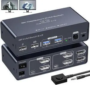 2 Port Dual Monitor DisplayPort KVM Switch 2 in 2 Out, 8K60Hz 4K120Hz Displayport KVM Switch for 2 Monitors 2 Computers Shared 4 USB Device Support DP1.4 With USB3.0 to USB C Cable - Aluminium