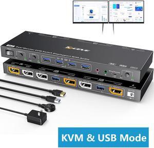 Voice Controlled 2 Port Displayport KVM Switch 2 Monitors 2 Computers 8K@30Hz 4K@144Hz, Dual Monitor Display Port KVM Switch with Audio and 4 USB 3.0 Port for Earphone,Keyboard, Mouse, KVM & USB Mode