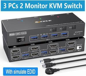 USB 3.0 HDMI KVM Switch 4K@60Hz, Dual Monitor HDMI KVM Switcher With EDID Emulator, Support Copy and Extended Display, for 3 PCs Share 2 Displays and 4 USB 3.0 Ports, Wired Remote and Cables Included