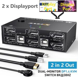 2 Port Displayport KVM Switch Dual Monitor, 8K@30Hz DisplayPort1.4 KVM Switch 2 in 2 Out, DP Extended Display KVM Switch for 2 Computers Share 2 Monitors and 4 USB 2.0 Ports, Wired Remote and 4 Cables