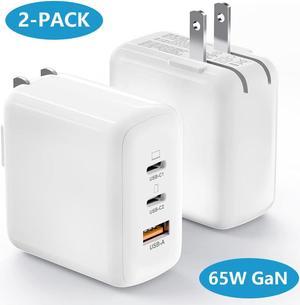 [2 Pack] USB C Charger Block, 65W 3 Port QC+PD3.0 GaN Power Adapter Type C Fast Charging Wall Plug for Mac-Book Pro/Air, i-Pad Pro, i-Phone 15 Pro Max/14/13/12, A-ir-P-ods Pro, Galaxy S23/S22 (White)