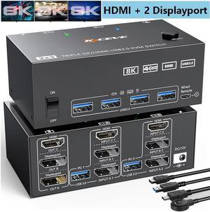 HDMI + 2 DP KVM Switch 3 Monitor 2 Computers 8K@60Hz 4K@144Hz, HDMI+2 Displayport Triple Monitor KVM Switch for 2 PCs 3 Monitors with 4 USB 3.0 Ports, Wired Remote Control and 5 cables included