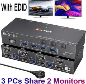 USB 3.0 HDMI KVM Switch 2 Monitors 3 Computers 4K@60Hz, EDID simulation, Dual Monitor HDMI KVM Switch 3 in 2 Out for 3 Computers Share 2 Displays and 4 USB 3.0 Ports, Wired Remote and Cables Included