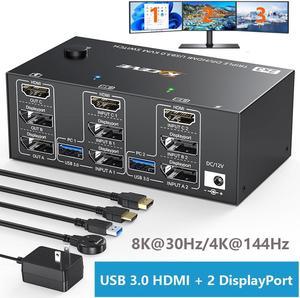 HDMI + 2 DisplayPort KVM Switch 2 PCs 3 Monitors, 8K@30Hz/4k@144Hz Triple Monitor 2 DP + HDMI KVM Switch for 2 Computer Share 3 Display and 4 USB 3.0 Devices, Wired Remote and USB Cables Included