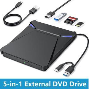 [5 in 1] External DVD Drive, USB 3.0 Type-C Portable CD DVD Drive Burner Player Reader Writer with 2 USB 3.0 Port and TF/SD Card Slots, Optical Disk Drive for Laptop PC Windows 11/10/8/7 Linux MacOS