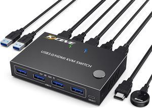 2 Port HDMI KVM Switch 2 in 1 Out, USB 3.0 HDMI KVM Switch 4K@60Hz 2K@144Hz Simulation EDID for 2 Computers Share 1 Monitor and Keyboard Mouse Printer with Remote and KVM Cables