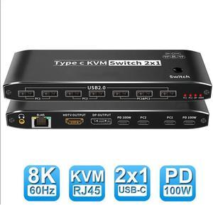 2x1 Type C KVM Switch, 8K Thunderbolt 4 USB C KVM Switch with Ethernet Port RJ45 100W PD Charge 4K 144Hz Type C KVM Switch Switcher for 2 Computer 1 Monitor