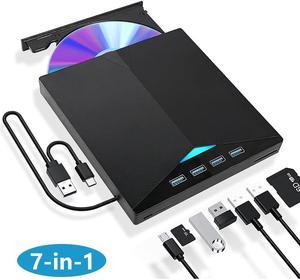 External CD/DVD Drive for Laptop, 7-in-1 USB 3.0 DVD Player, Portable CD/DVD Burner, CD-ROM External DVD Drive with 4 Ports USB Hub, SD/TF Card Reader, Compatible with Windows 11/10/8/7, Linux, Mac OS