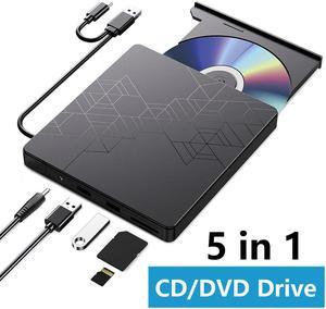 [5 in 1] External DVD Drive, CD Drive USB 3.0 Typle C CD/DVD ROM +/-RW Adapter with USB Port DVD Burner for Laptop PC Desktop Computer, Optical Disk Drive CD Player Compatible with Mac Windows Linux