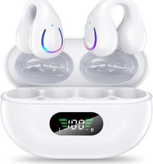 True Wireless Earbuds, Ear Clip Bluetooth Headphones Bluetooth 5.3 Wireless Earphones 4 HD Mic with 36H Reproduction LED Display Charging Case, IPX7 Waterproof, USB-C, White