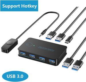 USB 3.0 Switch 2 in 4 Ouit, USB Switcher for 2 Computers Share 4 USB for Printer Keyboard Mouse, Scanner, USB KVM Switch Selector with 2 USB 3.0 Cables, Support Hotkey/Button/Wired Remote Switching