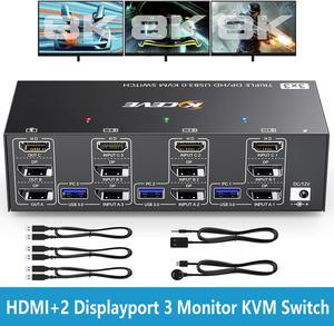 KVM Switch 3 Monitors 3 Computers 8K@60Hz 4K@144Hz, HDMI+2 Displayport Triple Monitor KVM Switch for 3 Computer Share 3 Monitor and 4 USB3.0 Devices, Wired Remote and 12V power Adapter Included