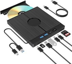 [7 in 1] External Bluray DVD Drive, USB 3.0 Type-C 3D Blu-ray DVD Burner Slim Optical External Bluray DVD Burner with SD/TF Card Slot 2 USB 3.0 Ports 2 Type-C Ports for Laptop PC Windows Linux MacOS