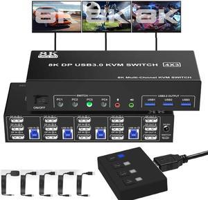 4 Port 8K Displayport USB 3.0 KVM Switch 3 Monitors 4 Computers, DP1.4 Triple Monitor KVM Switch with Audio Microphone Output and 3 USB3.0 Ports, Displayport KVM Triple Monitor Keyboard Mouse Switcher