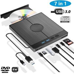 [7 in 1] External CD DVD Drive, USB 3.0 Type-C External CD/DVD DVD Burner Slim Optical Drive DVD Burner with SD/TF Card Slot 2 USB 3.0 Ports 2 Type-C Ports for Laptop PC Windows Linux MacOS