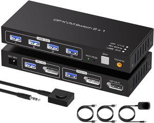 2 Ports Displayport KVM Switch 2 Computers 1 Monitor, USB 3.0 DP1.4 KVM Switcher 2 in 1 Out for 2 computers share 4 USB 3.0 Devices Support 8k@60hz 4k@120hz, with desktop controller and power adapter