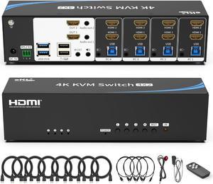 Real Seamless Switching USB 3.0 HDMI KVM Switch Dual Monitors 4 Computers 4K@30Hz, 4 Port Extended Display, 3.5mm Audio, EDID Emulators, Button, Hotkey, Remote Control, Mouse, RS232 Code Switching