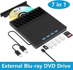 [7-in-1] External Blu-ray DVD Drive, BD Player with Read/Write Blu ray Drive Burner SD/TF Card Slots and 4 USB Ports DVD Burner Optical Drive 3D Bluray Drive for Laptop PC Desktop Windows 11 10 Mac OS