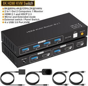 8K@60Hz USB 3.0 HDMI KVM Switch, 2 port 4K@120Hz HDMI KVM Switcher for 2 computers share 1 monitor and one set of Keyboard Mouse webcame and hard disk, wired controller and 12V/1A DC power included