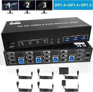 8K@60Hz USB 3.0 Displayport KVM Switch 3 Monitors 4 Computer, DP1.4 Triple Monitor KVM Switch with Audio Microphone Output and 3 USB 3.0 Port, KVM Triple Monitor Keyboard Mouse Switcher for 4PCs