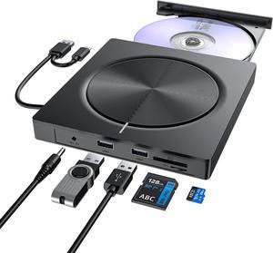 External DVD CD Drive for PC, USB 3.0 and USB-C External CD DVD Burner with 2 USB Ports and SD/TF Slot, Optical Portable DVD CD -/+RW Drive, External CD/DVD Drive for Windows/MacOS/Laptop/Desktop