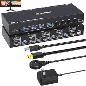 DisplayPort KVM Switch 4 PC 2 Monitors 8K@30Hz 4K@144Hz, Dual Monitor DP1.4 Displayport KVM Switch DP Monitor Switch with 4 USB 3.0 Ports for 4 PC/Laptops, with DP+USB Cable and Desktop Controller