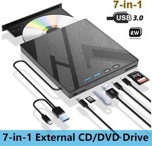 7-in-1 External CD DVD Drive, USB 3.0 Type C Optical External DVD Drive Burner with SD/TF Solt & 2 USB C & 2 USB 3.0, Portable RW Burner, External DVD Drive Compatible with Windows XP/7/8/10/11 MacOS