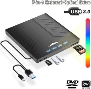 External CD DVD Drive [7-in-1], USB 3.0 Type-C External CD DVD +/-RW Optical Drive, Ultra-Slim External CD/DVD Drive with 4 USB Ports and SD/TF Slots, Compatible with Laptop PC Linux Windows MacOS