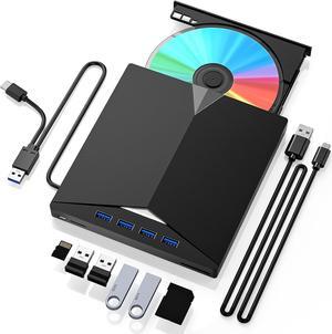 AUTYUE External CD DVD Drive [7 in 1], Fast Data Transfer USB 3.0 Type-C External CD/DVD Drive with SD/TF Card Reader & 4 USB Port, Portable RW Burner for Windows 11/10/8/7/XP Linux, Mac OS, Vista