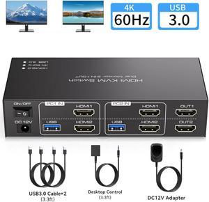 AUTYUE Dual Monitor HDMI KVM Switch, 2 Port HDMI KVM Switch Support 4K@60Hz USB 3.0 KVM Switches for 2 Computers Share 2 Monitors and 4 USB 3.0 Ports Such as Keyboards, Mice Printers and U Disk