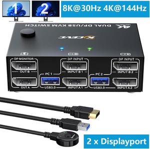 AUTYUE 8K Displayport Dual Monitor KVM Switch, USB3.0 Displayport KVM Switch 2 Monitors 2 Computers 8K@30Hz 4K@144Hz,Displayport KVM Switch with 4 USB3.0 Ports,Wired Remote and USB Cables Included