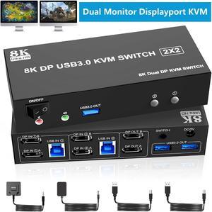 AUTYUE 8K@60Hz USB 3.0 Displayport KVM Switch 2 Monitors 2 Computers, DP 1.4 Dual Monitor KVM Switch with 3*USB 3.0 USB Port, Audio and Microphone Ports, Included Wired Remote, 2*USB 3.0 Cables