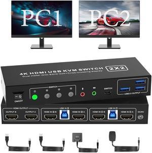 AUTYUE Dual Monitor HDMI KVM Switch 4K60Hz EDID Emulator, KVM Switcher for 2 Computers 2 Monitors with Audio Output and 3 USB 3.0 Ports, Dual Monitor Support Cross Display, Copy and Extended Display