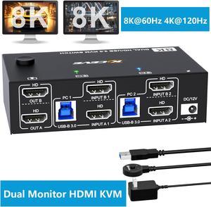 AUTYUE Dual Monitor USB 3.0 HDMI KVM Switch 8K@60Hz/4K@120Hz, 2 in 2 Out HDMI2.1 KVM Switch for 2 Computer Share 2 Monitors and 3 USB 3.0 + 1 USB C Devices, Wired Remote and USB Cables Included